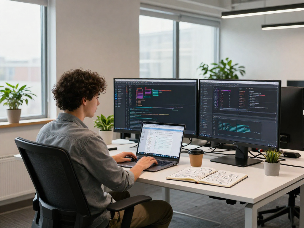 Lingkungan kerja modern dengan programmer menggunakan wifi4d di ruang pengembangan teknologi.
