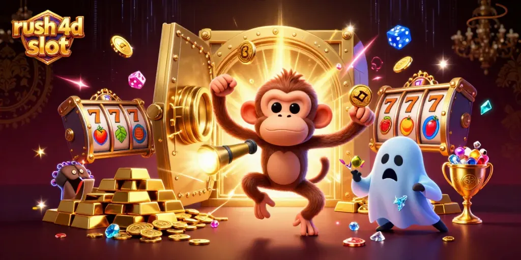 Slot rush 4d menampilkan karakter-monster dan koin emas dalam suasana kasino yang berkilauan.