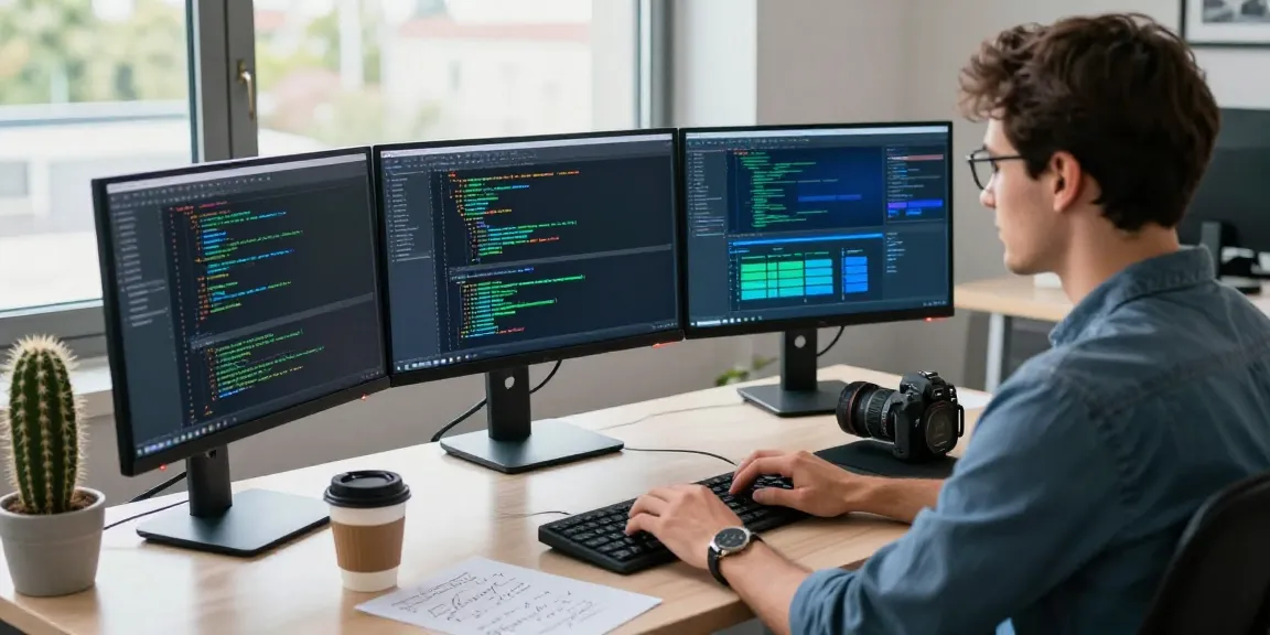 Software developer in a tech workspace coding with multiple monitors displaying interactive projects and algorithms, capturing the innovative spirit in a vibrant office.