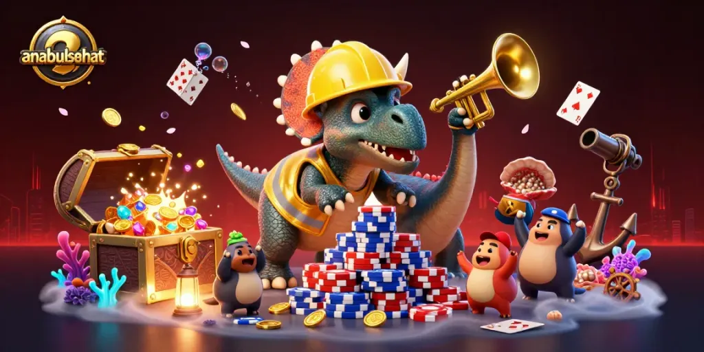 Menyoroti anabulsehat dengan dinosaurus bermain poker, pemandangan kasino yang ramai dengan koin emas berputar.