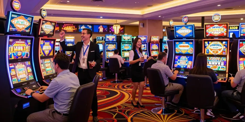 Players excitedly enjoying slot machines in a vibrant casino environment.