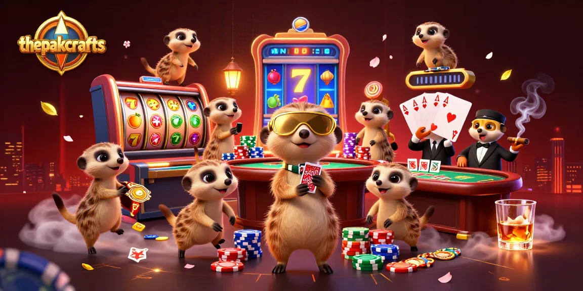 Engage with thepakcrafts dynamic casino scene featuring playful meerkats amidst vibrant slot reels and colorful game elements.
