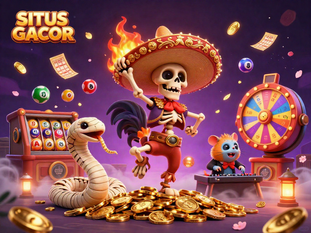SITUS GACOR showcases slot reels and spirited characters celebrating amidst a golden coin landscape.