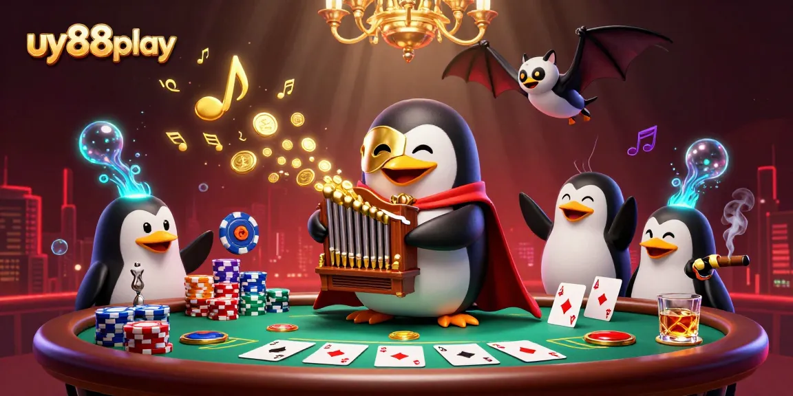 Watch the uy88play penguin masterfully play a pipe organ shooting gold coins amidst a rich casino scene.