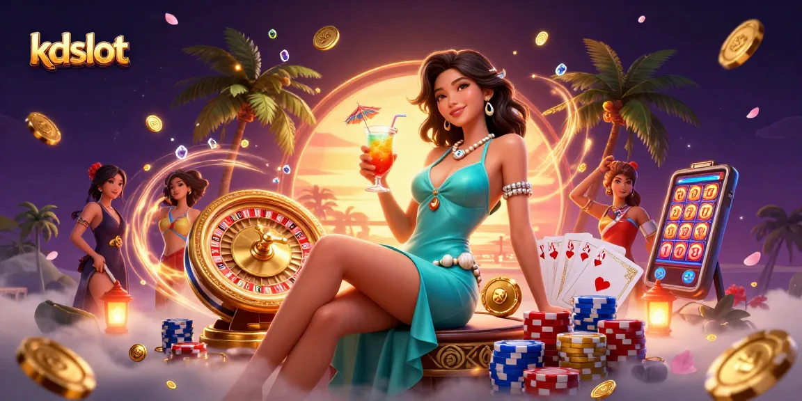 Engage with kdslot as an Asian woman enjoys a sunset cocktail at a vibrant casino scene.