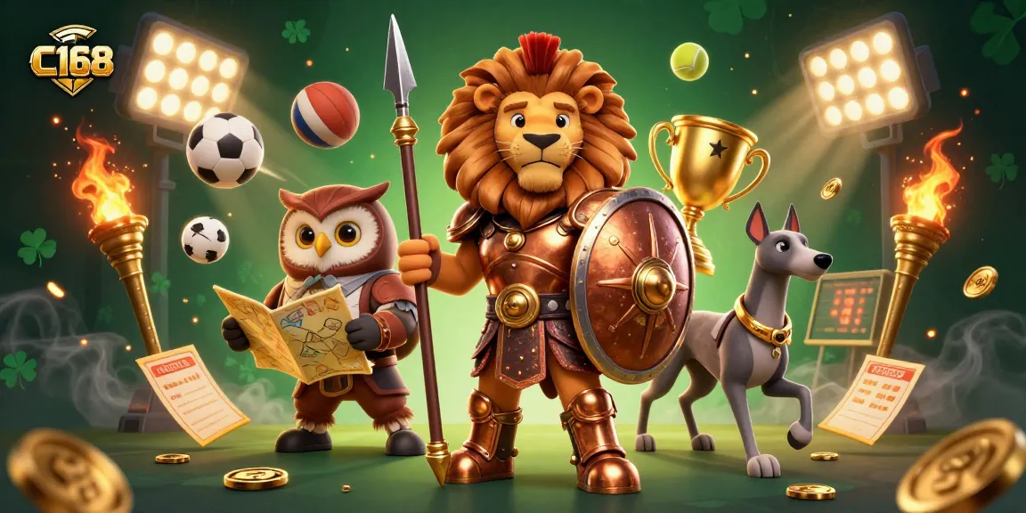 C168 offers thrilling sports betting experience with dynamic sports elements surrounding a Spartan lion and owl strategist