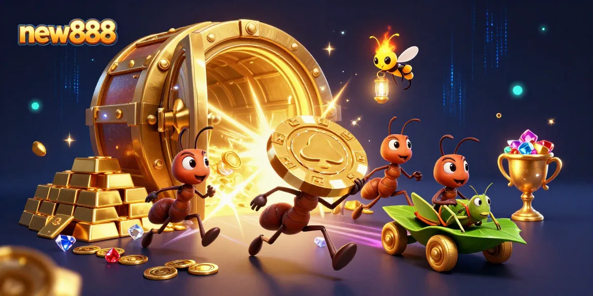 new888 gaming heist with ants, firefly lookout, and grasshopper driver in a vibrant casino scene