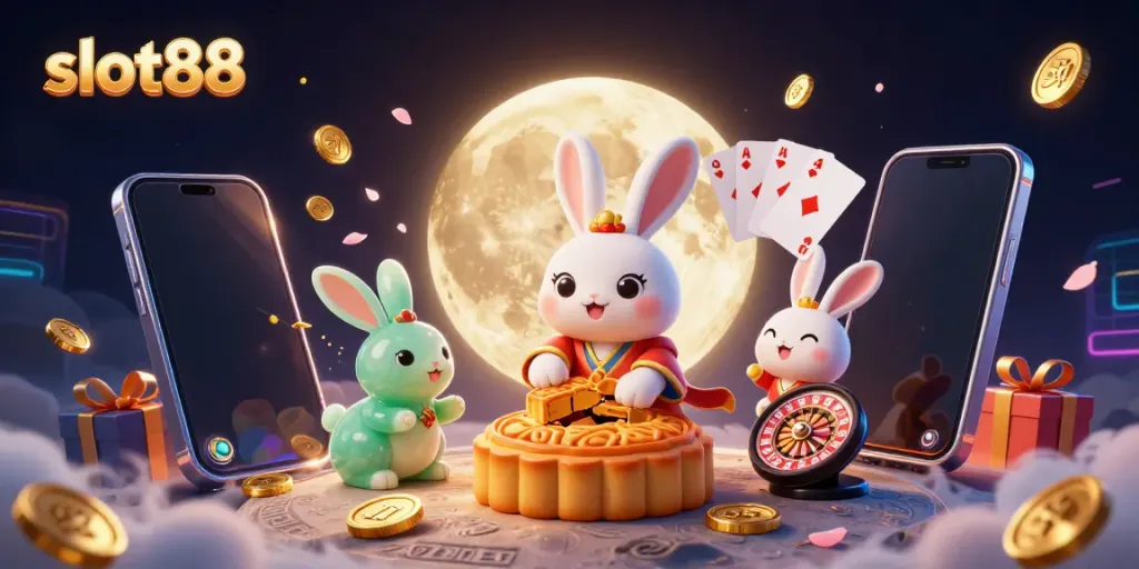 Slot88 merayakan keberuntungan dengan simbol slot dalam ilustrasi lunar memukau.