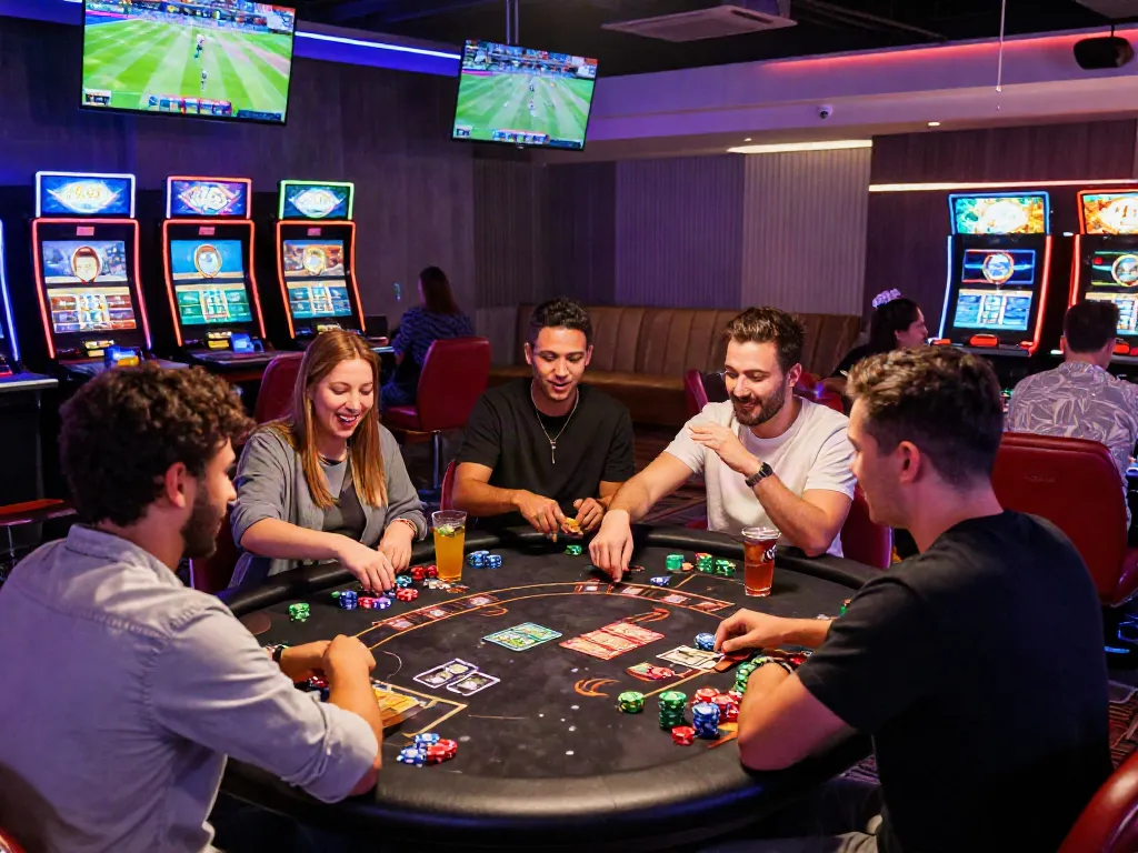 Friends enjoying a lively gaming experience at ALO8 casino.