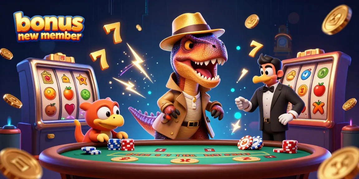 Engage with the thrilling bonus new member offer at a lively casino featuring animated characters.