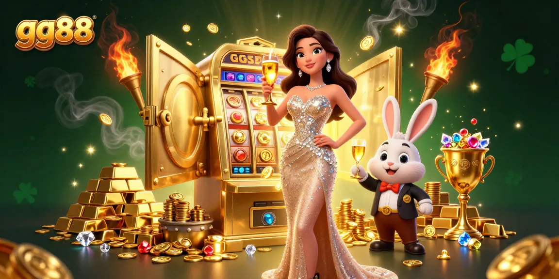 Win big at gg88 with stunning casino visuals featuring a jackpot slot machine and glamorous characters.