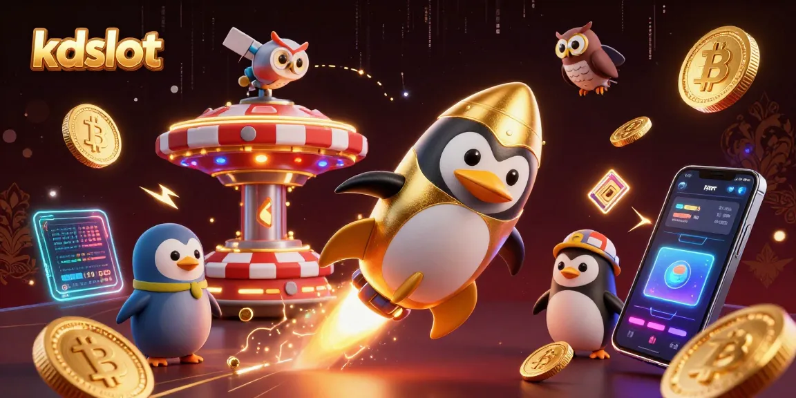 Experience thrilling gameplay at kdslot with a dynamic 3D illustration of a golden penguin and crypto coins.