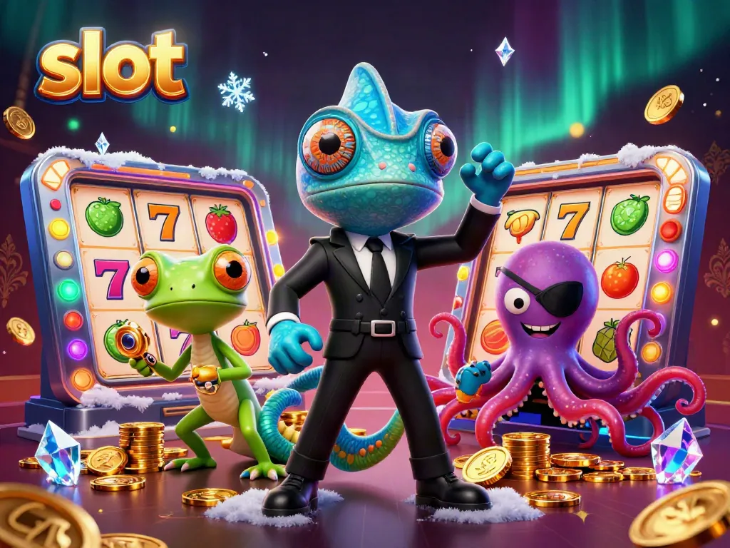 Engaging illustration featuring a secret agent chameleon and companions amidst vibrant slot reels and golden coins.