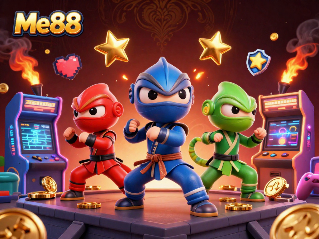 Experience Me88's thrilling gaming as ninja chameleons showcase casino excitement with dazzling arcade elements.
