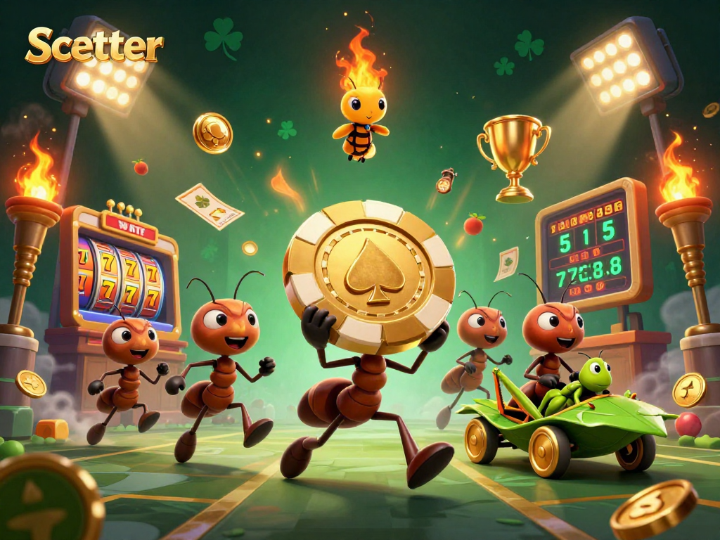 Engaging scene of ants carrying a golden poker chip with scatter elements in vibrant slot-focused design