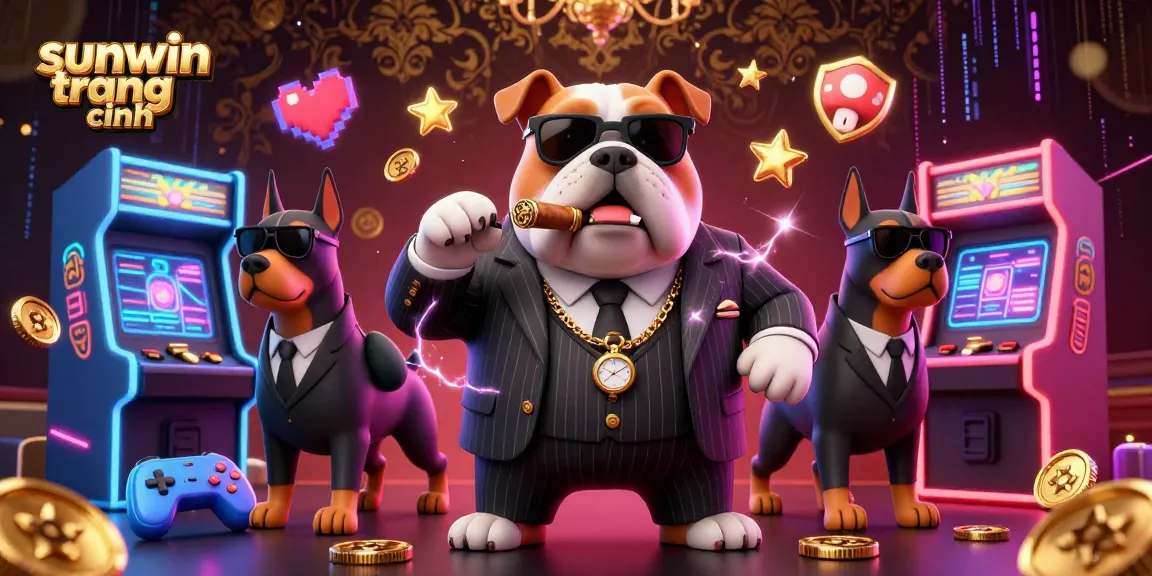 Engage with the vibrant scene at sunwin trang chính showcasing a mafia bulldog and Doberman bodyguards among colorful gaming elements.