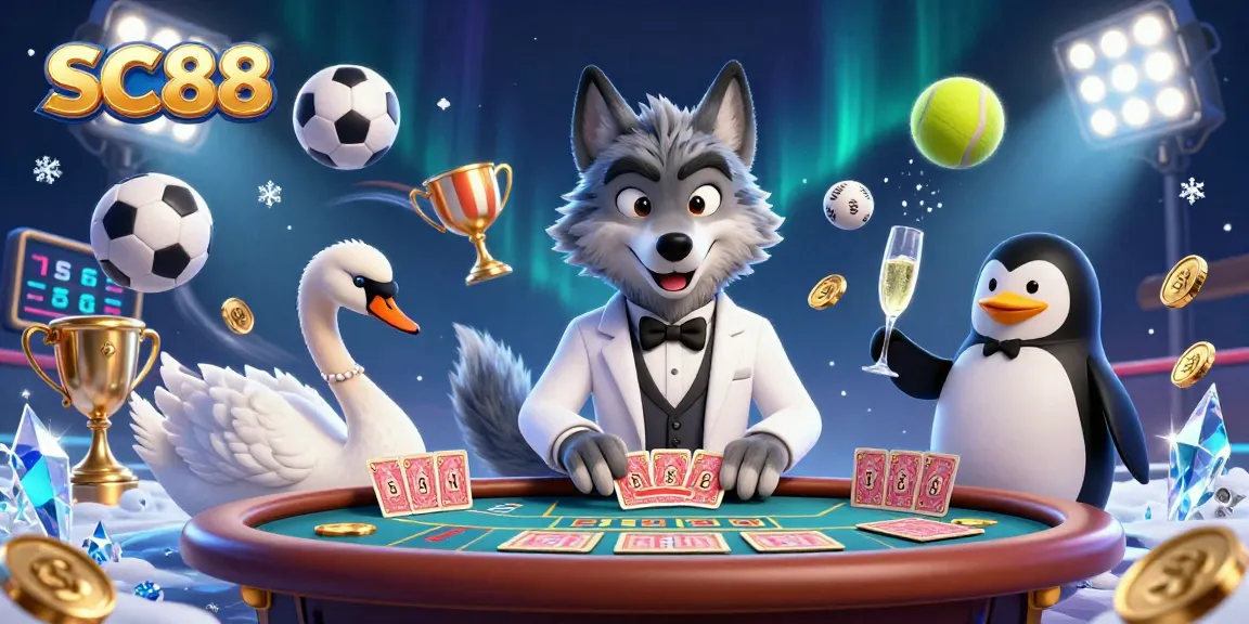 SC88 presents a 3D scene with a debonair wolf, elegant swan dealer, and penguin sommelier at a lively baccarat table.