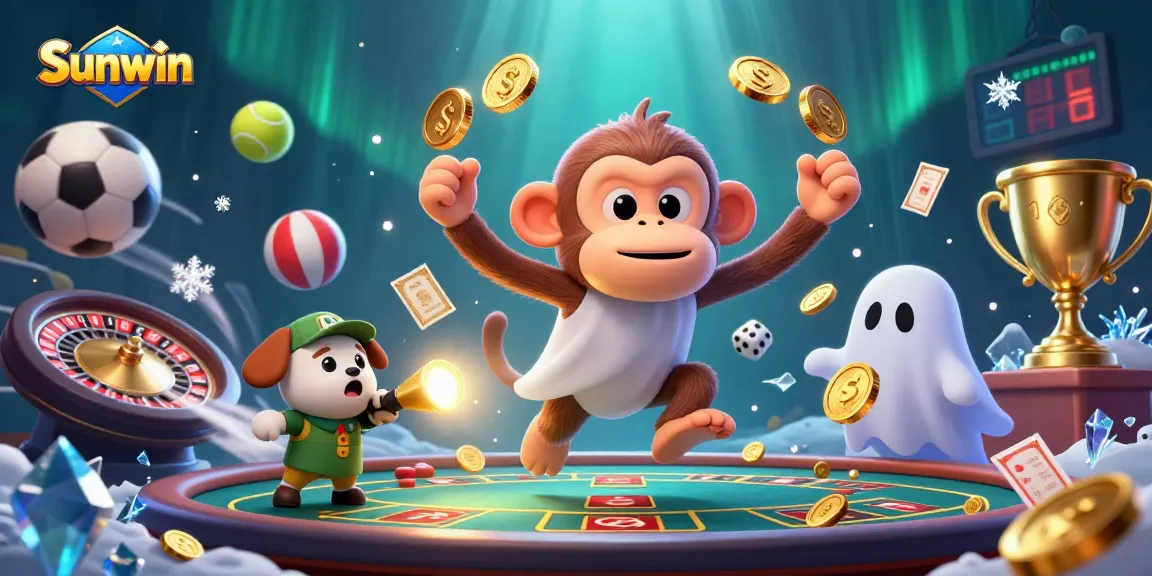 Sunwin unleashes casino thrills as a ghostly puppy tracks a mischievous poltergeist monkey juggling golden items.