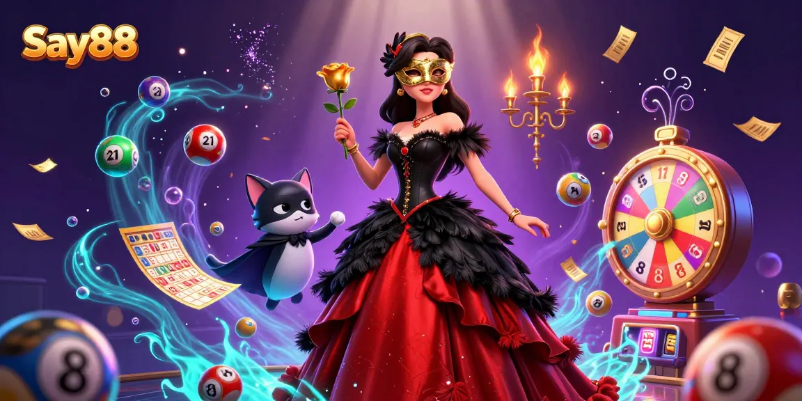 Engage with Say88 as the stunning woman celebrates casino winnings amidst vibrant dynamic game elements.