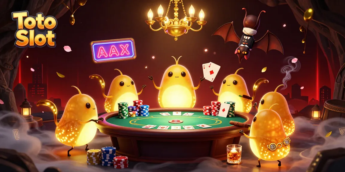 Toto Slot scene illustrated with glowworms lighting a casino, showcasing vibrant poker action and decorated ambiance.
