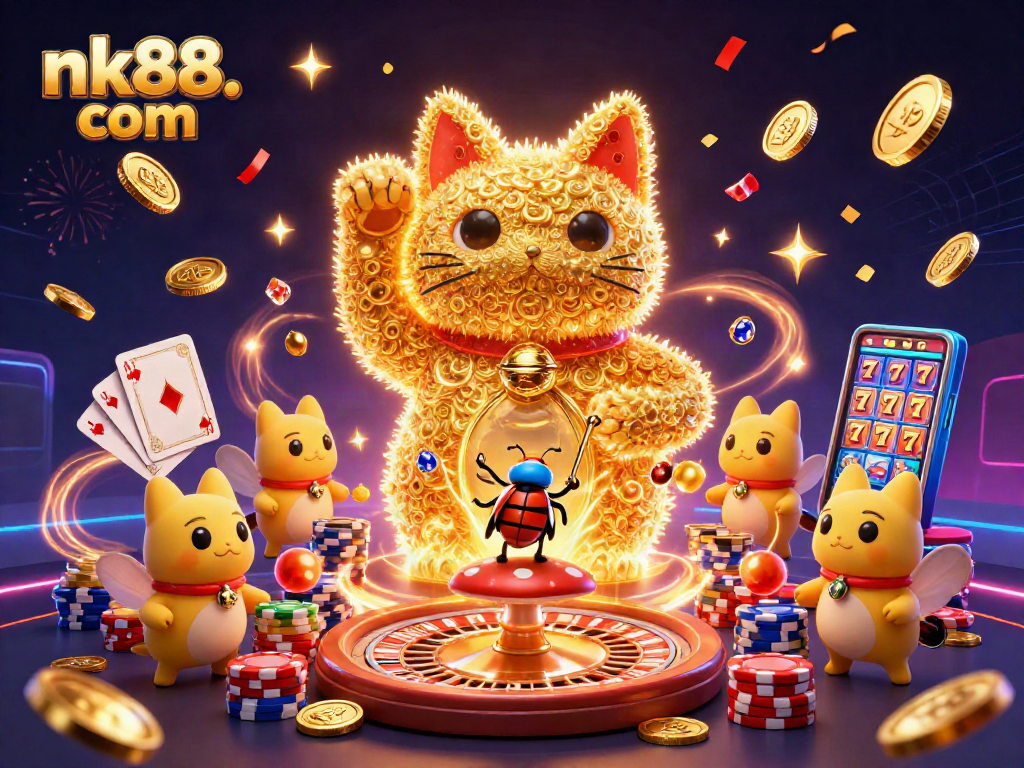 Engage with thrilling moments at nk88. com showcasing a golden cat, coins, and vibrant casino action.