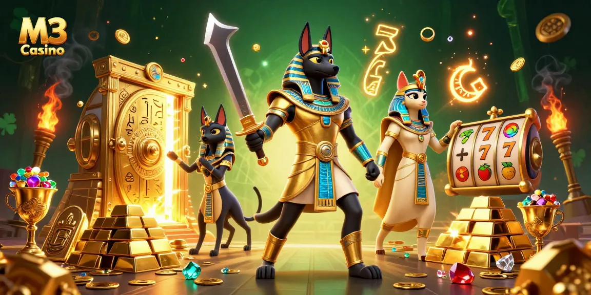 M3 Casino showcases a vibrant 3D illustration of Anubis and Bastet amidst slot reels and treasures for gamblers.