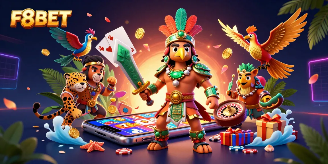 Experience the excitement of F8BET with dynamic casino elements and warriors in a vibrant illustration.