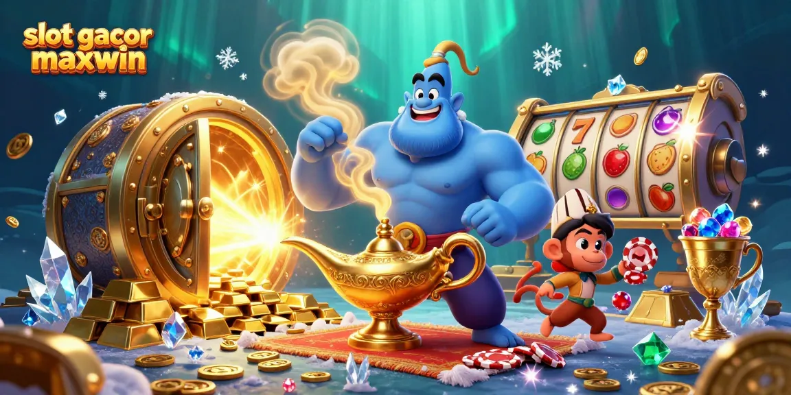 Spin the reels of fun and fortune with slot gacor maxwin, featuring a genie, monkey, and poker elements.