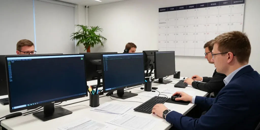 Collaborative office scene with professionals analyzing data related to licensed betting operators Lithuania, showcasing regulatory oversight and gaming practices.