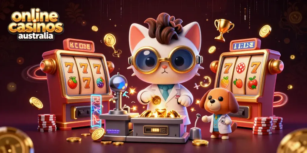 Experience the excitement of online casinos australia with a vibrant 3D scene featuring animated characters and casino elements.