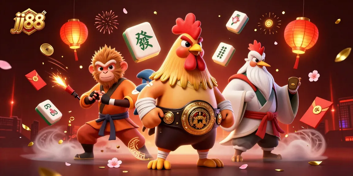Engaging scene of jj88 characters in a vibrant casino-themed illustration, filled with game elements and festive decorations.