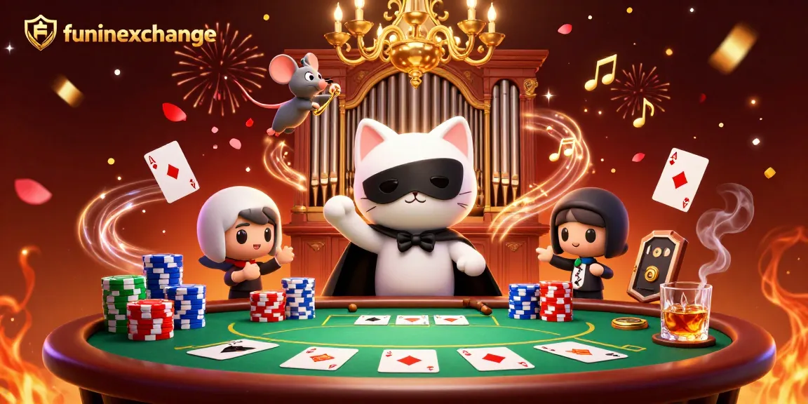 Experience the thrill of funinexchange with vibrant poker action and dynamic casino elements in a colorful scene.