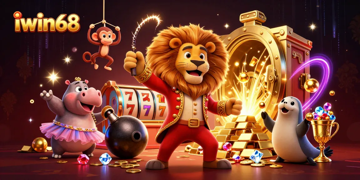 Iwin68 reels spinning with vibrant characters in a lively digital casino scene.