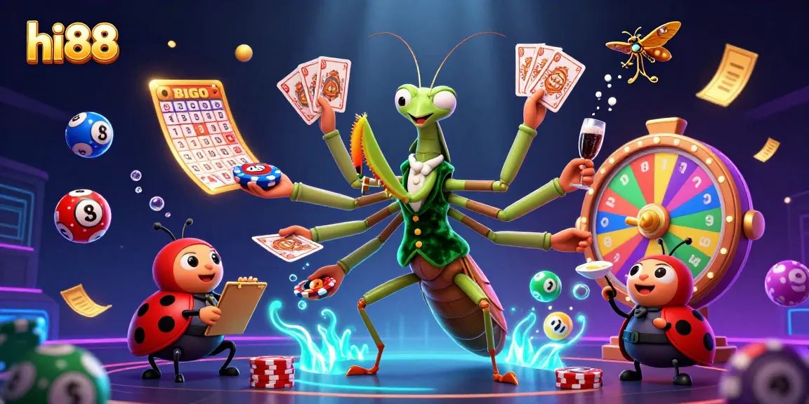 Experience the excitement of hi88 with a vibrant 3D illustration featuring dynamic gambling elements and characters.