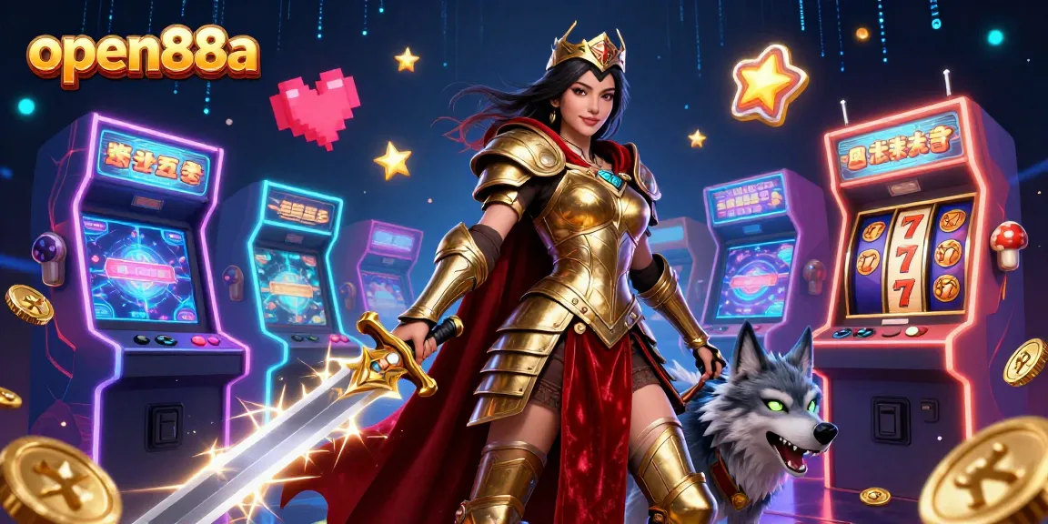 Play thrilling games at open88a with energetic atmosphere featuring a warrior queen and an armored wolf.