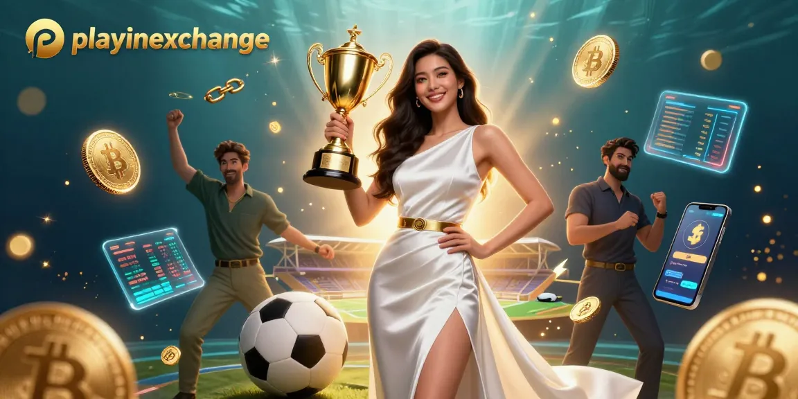 Engage in thrilling betting with playinexchange featuring a victorious woman and dynamic crypto elements.