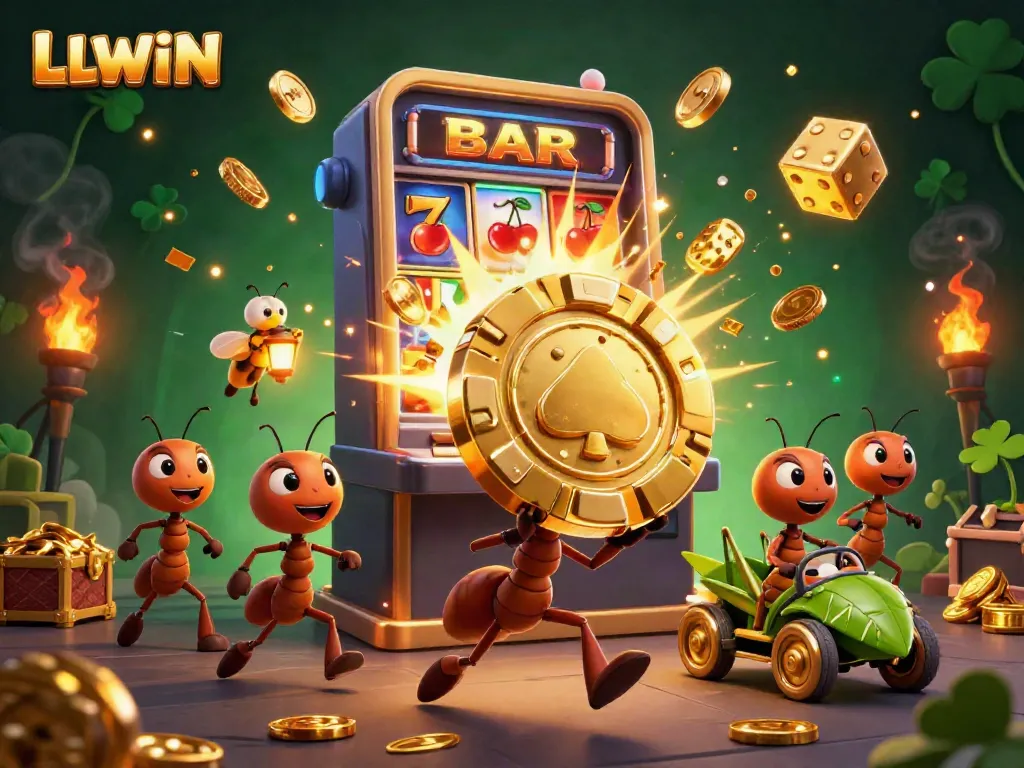 Engage in thrilling gameplay with LLWIN as cartoon ants transport a giant poker chip in a vibrant casino heist scene.