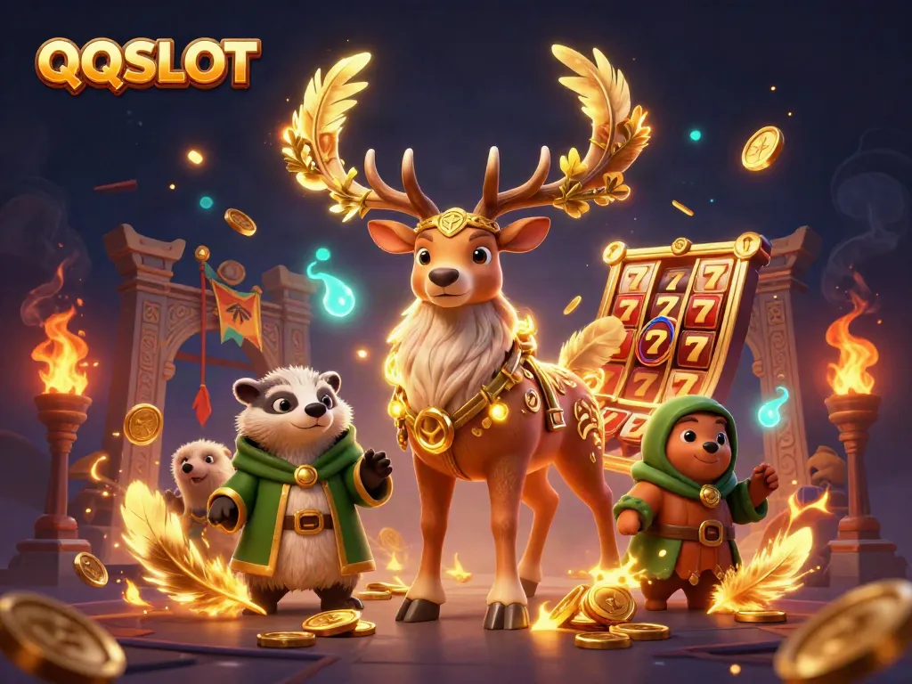 Immerse yourself in the thrilling world of QQSLOT with a captivating scene of a mystical stag and wise badger.