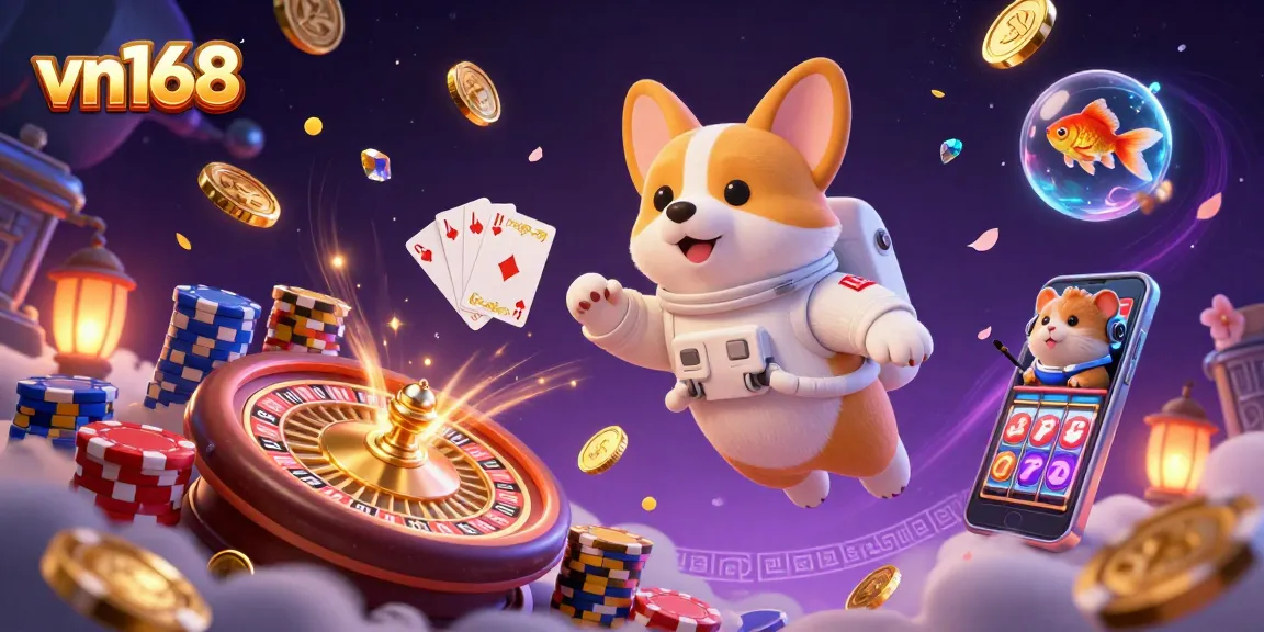 Engage with vn168 in an exciting casino scene featuring a playful corgi in a space station.