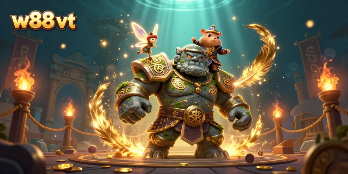 Cá cược tại W88 VT với hình ảnh ngộ nghĩnh của golem cổ đại và người bạn đom đóm ma thuật.