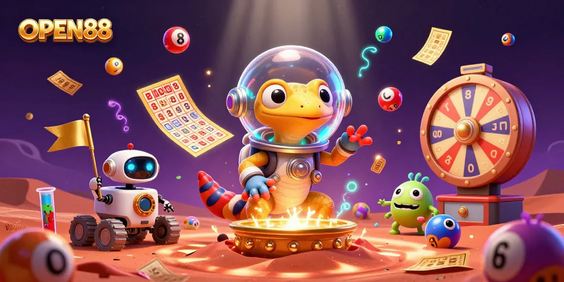 Engage in thrilling experiences at OPEN88 with vibrant casino elements, showcasing lottery excitement and animated characters.