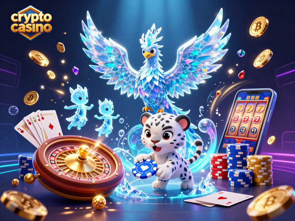 Engage with the crypto casino world through a vibrant scene featuring colorful characters and casino elements.