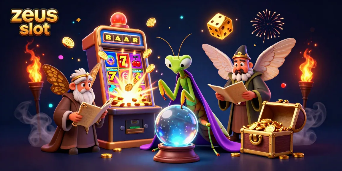 Win big with zeus slot as a mystical mantis fortune teller reveals jackpot secrets amidst a treasure explosion.