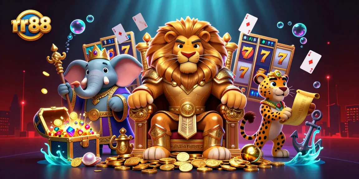 Experience thrilling gameplay at rr 88 with a lion king on a golden throne and dynamic slots elements.