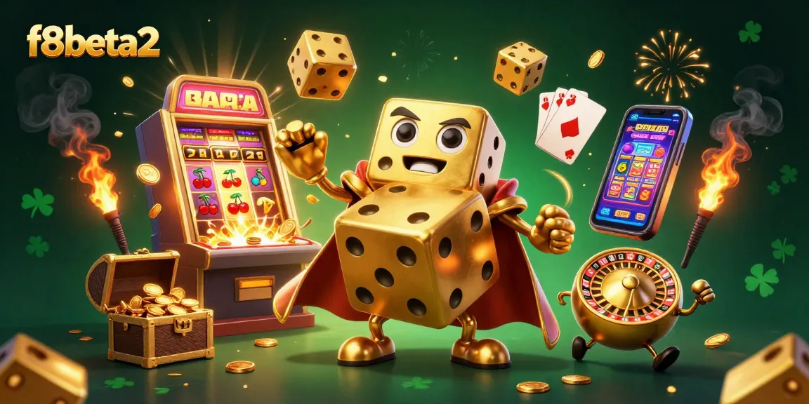 Experience the thrill of f8beta2 with golden dice golems and jackpots bursting in this vibrant illustration.