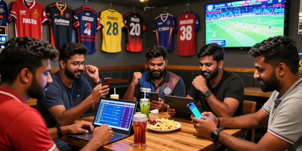 Exciting live cricket and football betting with lotus365 players in a vibrant sports bar.