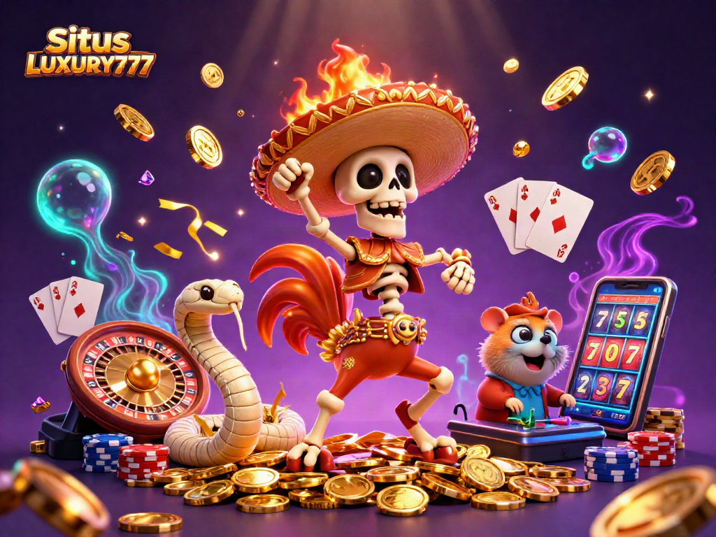 Situs LUXURY777 merayakan kemenangan dengan ilustrasi kartun 3D karakter kasino yang menakjubkan