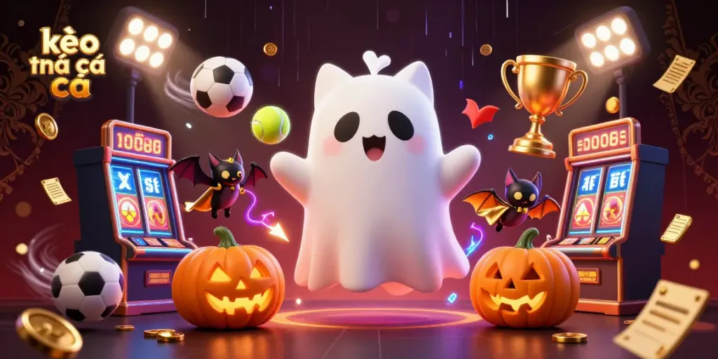 Engage with kèo nhà cái through a vibrant scene showing a ghost cat, a bat, and gaming elements.