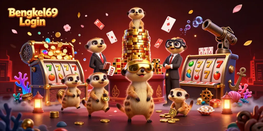Engage in thrilling gaming action with Bengkel69 Login featuring lively meerkats managing a vibrant casino.
