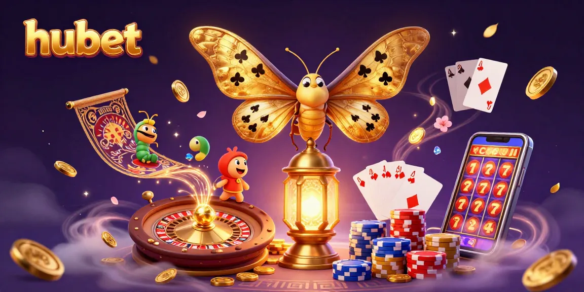 Engage with hubet's vibrant 3D casino scene featuring a majestic moth, golden coins, and dynamic game elements.